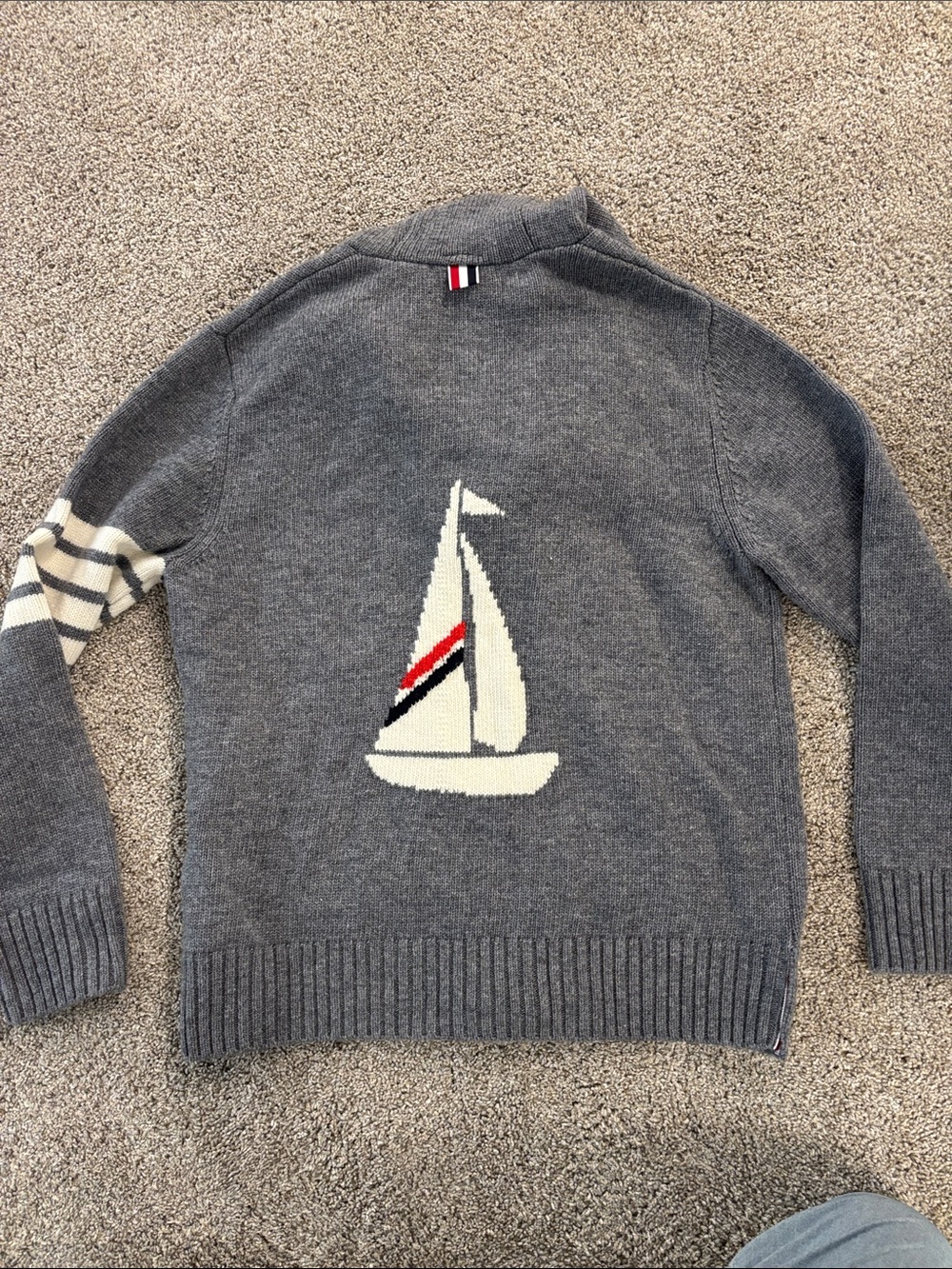 Thom Browne Gray Sailboat Knit Hoodie with Contrasting Stripe - Picture 8 of 8